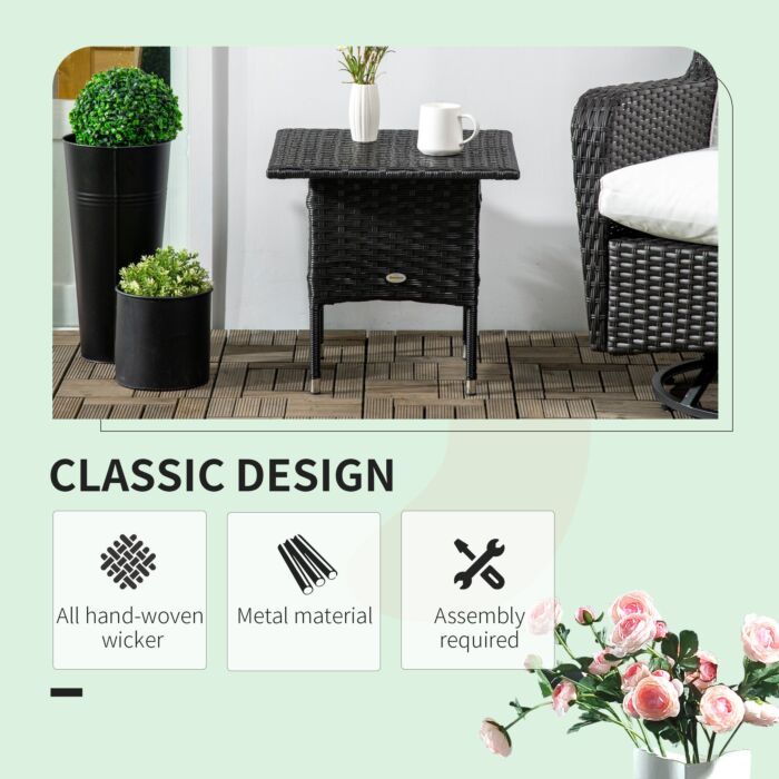 Outsunny Rattan Side Table, Outdoor Coffee Table, With Plastic Board Under The Full Woven Table Top, Black