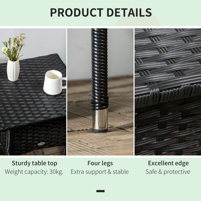 Outsunny Rattan Side Table, Outdoor Coffee Table, With Plastic Board Under The Full Woven Table Top, Black