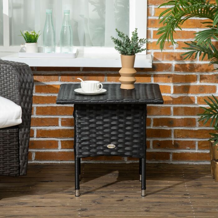 Outsunny Rattan Side Table, Outdoor Coffee Table, With Plastic Board Under The Full Woven Table Top, Black
