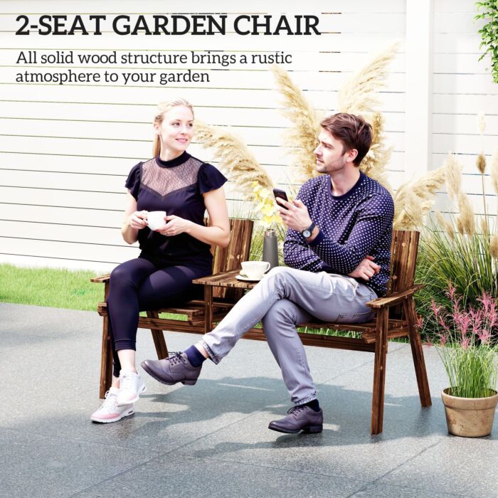 Outsunny 2-seater Garden Bench With Table & Parasol Hole, Antique Loveseat For Porch, Patio, Carbonised Finish