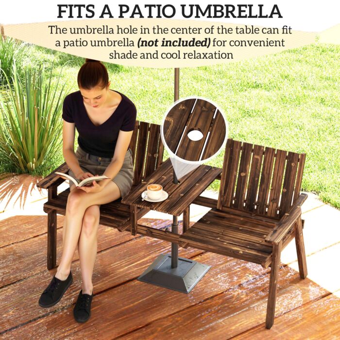 Outsunny 2-seater Garden Bench With Table & Parasol Hole, Antique Loveseat For Porch, Patio, Carbonised Finish