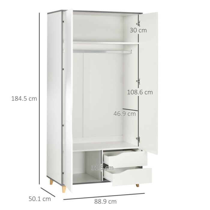 Homcom Wardrobe With 2 Doors, 2 Drawers, Hanging Rail, Shelves For Bedroom Clothes Storage Organiser, 89x50x185cm, White