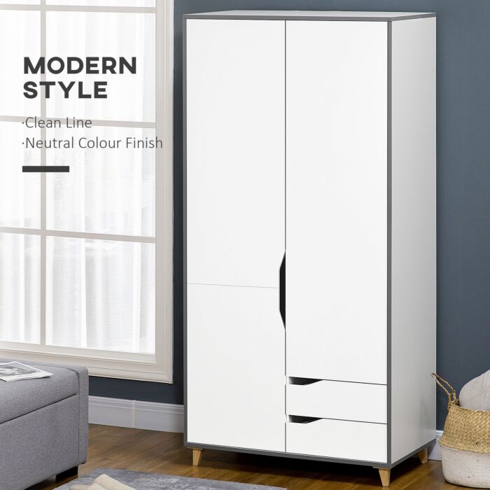Homcom Wardrobe With 2 Doors, 2 Drawers, Hanging Rail, Shelves For Bedroom Clothes Storage Organiser, 89x50x185cm, White