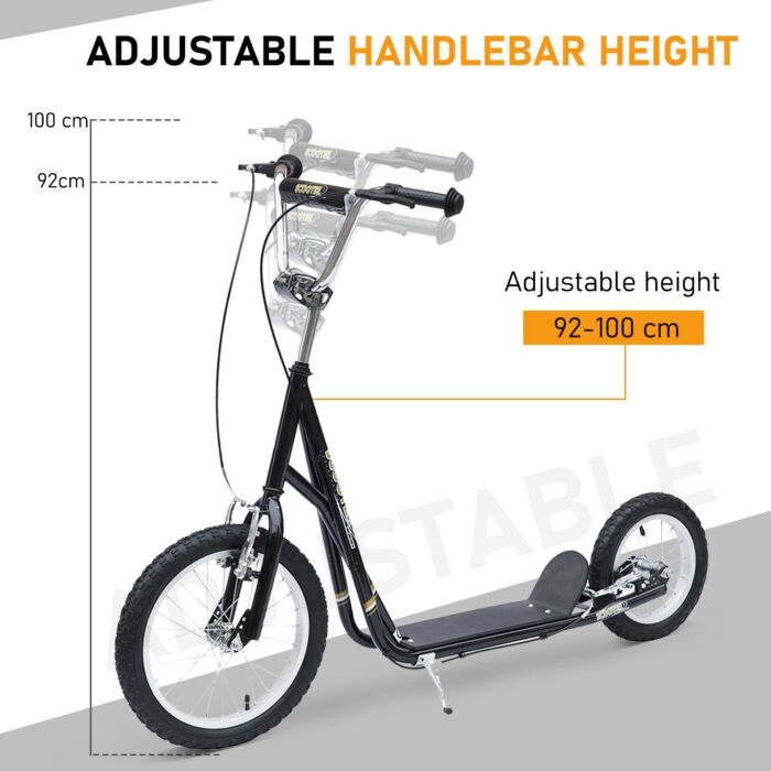 Homcom Teen Scooter Push Kick Scooters For Kids With Rubber Wheels Adjustable Handlebar Front Rear Dual Brakes Kickstand, For 5+ Years, Black
