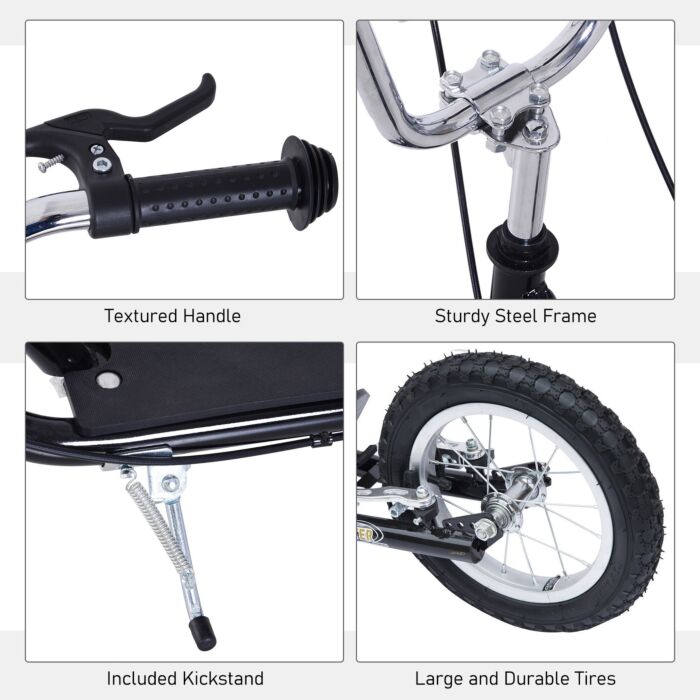Homcom Teen Scooter Push Kick Scooters For Kids With Rubber Wheels Adjustable Handlebar Front Rear Dual Brakes Kickstand, For 5+ Years, Black