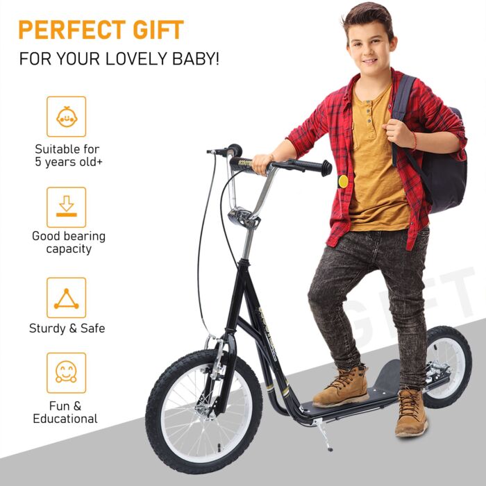 Homcom Teen Scooter Push Kick Scooters For Kids With Rubber Wheels Adjustable Handlebar Front Rear Dual Brakes Kickstand, For 5+ Years, Black