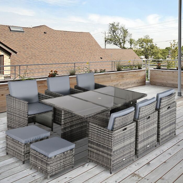 Outsunny Outdoor 11pc Rattan Garden Furniture Patio Dining Set 10-seater Cube Sofa Weave Wicker 6 Chairs 4 Footrests & 1 Table Mixed Grey