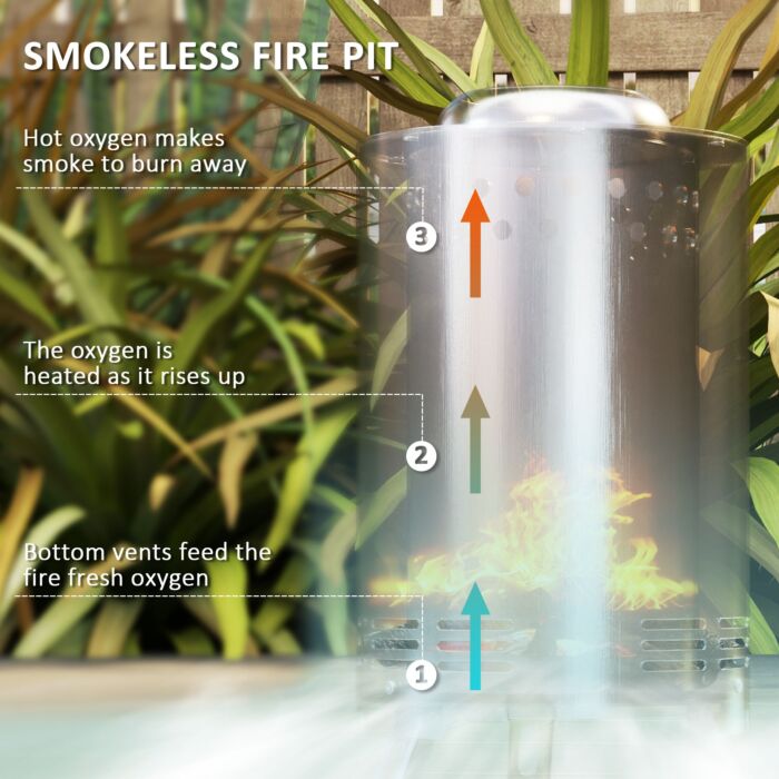 Outsunny Smokeless Fire Pit, 16 X 16 Cm Stainless Steel Portable Wood Burning Firepit With Poker For Garden Camping Bonfire Party, Silver Tone