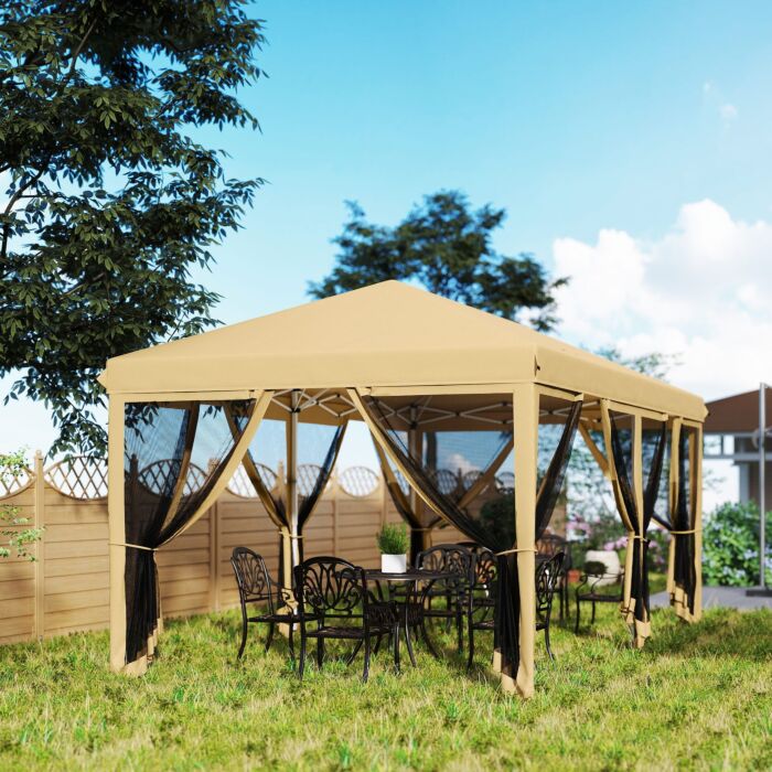 Outsunny 6 X 3(m) Pop Up Gazebo, Outdoor Canopy Shelter, Marquee Party Wedding Tent With 6 Mesh Walls And Carry Bag, Beige