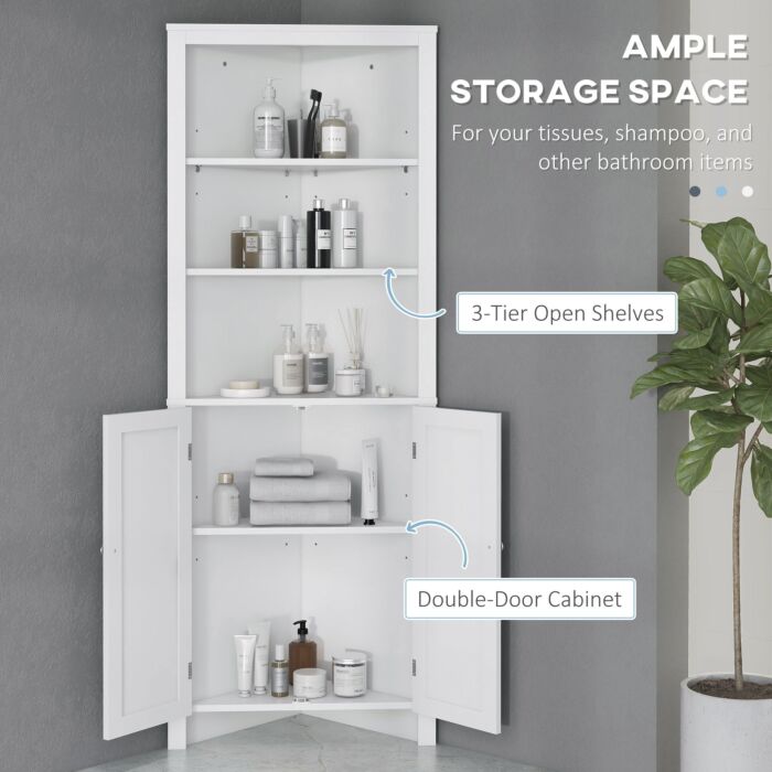 Kleankin Triangle Bathroom Cabinet, Corner Bathroom Storage Unit With Cupboard And 3-tier Shelves, Free Standing, White