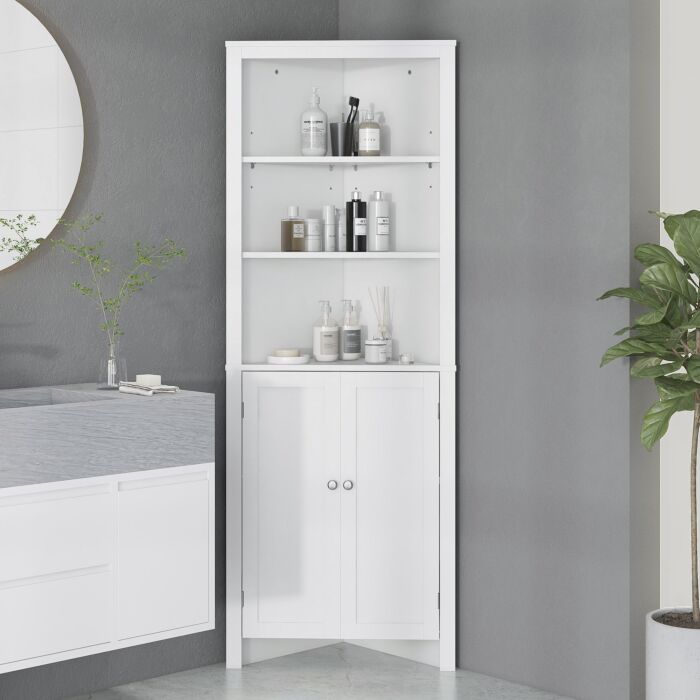 Kleankin Triangle Bathroom Cabinet, Corner Bathroom Storage Unit With Cupboard And 3-tier Shelves, Free Standing, White