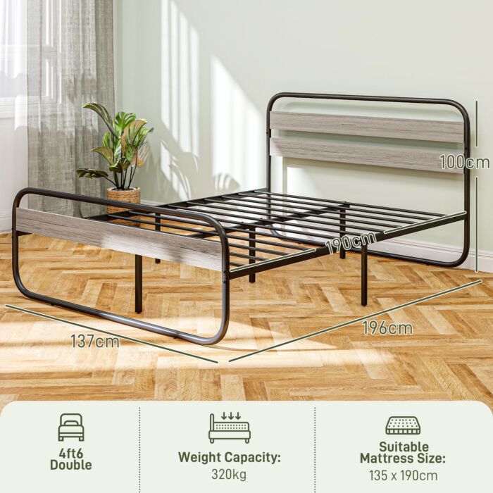 Homcom 4ft6 Double Bed Frame, Industrial Style Metal Platform Bed Frame With Under Bed Storage, No Box Spring Needed, Easy Assembly, Grey