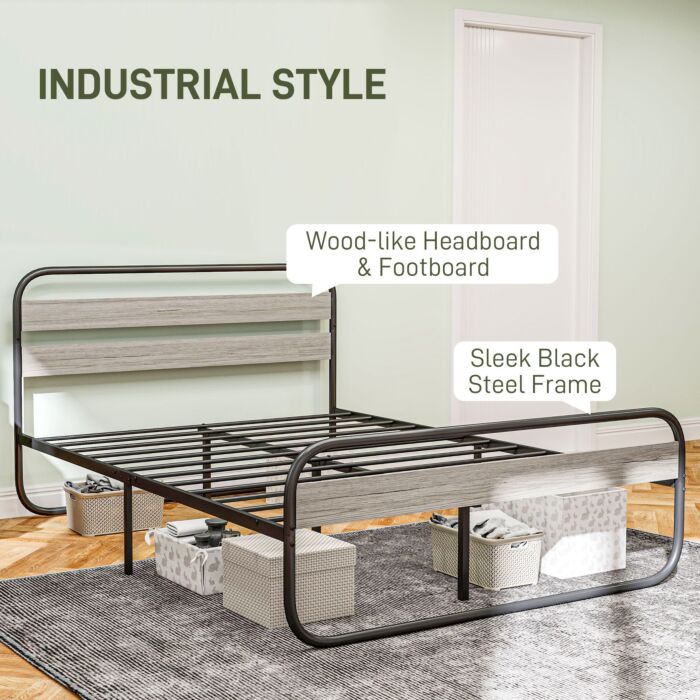 Homcom 4ft6 Double Bed Frame, Industrial Style Metal Platform Bed Frame With Under Bed Storage, No Box Spring Needed, Easy Assembly, Grey