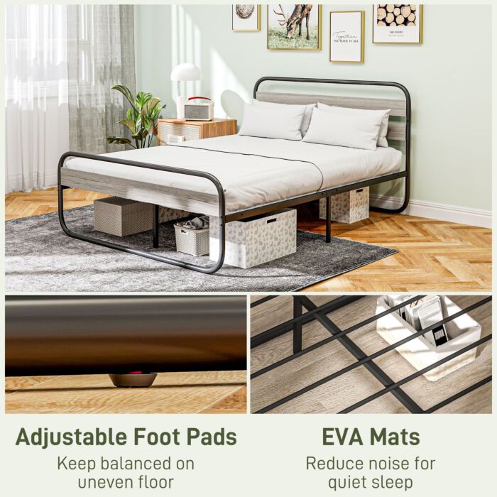 Homcom 4ft6 Double Bed Frame, Industrial Style Metal Platform Bed Frame With Under Bed Storage, No Box Spring Needed, Easy Assembly, Grey
