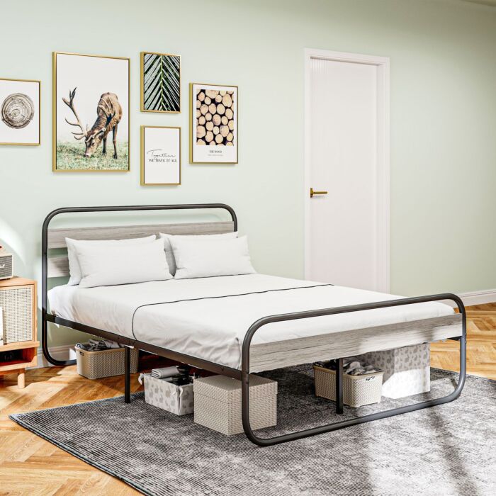Homcom 4ft6 Double Bed Frame, Industrial Style Metal Platform Bed Frame With Under Bed Storage, No Box Spring Needed, Easy Assembly, Grey