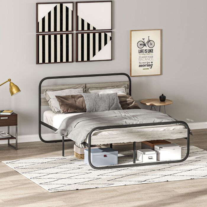 Homcom 4ft6 Double Bed Frame, Industrial Style Metal Platform Bed Frame With Under Bed Storage, No Box Spring Needed, Easy Assembly, Grey