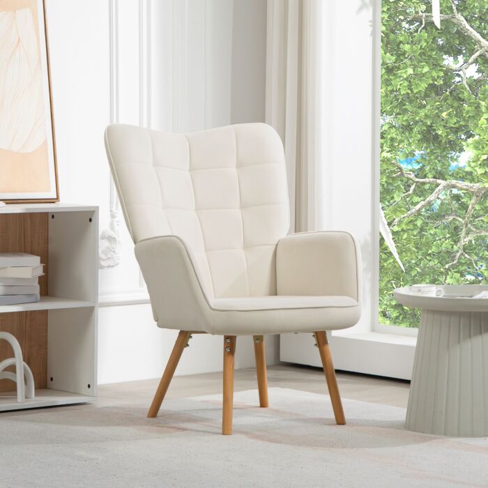 Homcom Modern Accent Chair Velvet-touch Tufted Wingback Armchair Upholstered Leisure Lounge Sofa Club Chair With Wood Legs, Cream White