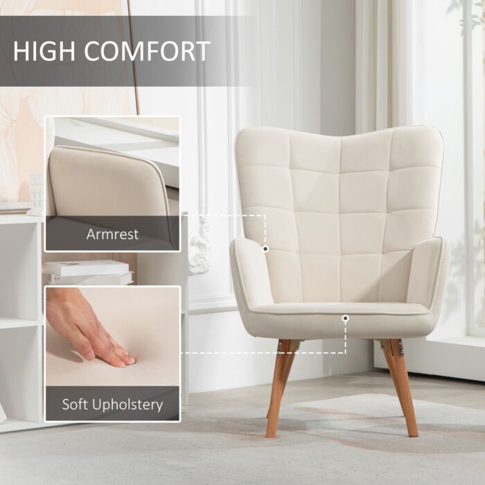 Homcom Modern Accent Chair Velvet-touch Tufted Wingback Armchair Upholstered Leisure Lounge Sofa Club Chair With Wood Legs, Cream White