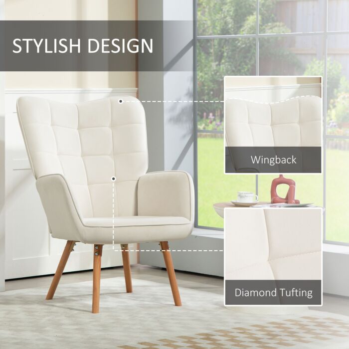 Homcom Modern Accent Chair Velvet-touch Tufted Wingback Armchair Upholstered Leisure Lounge Sofa Club Chair With Wood Legs, Cream White