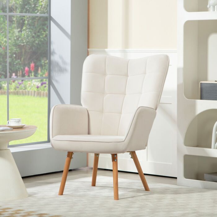 Homcom Modern Accent Chair Velvet-touch Tufted Wingback Armchair Upholstered Leisure Lounge Sofa Club Chair With Wood Legs, Cream White