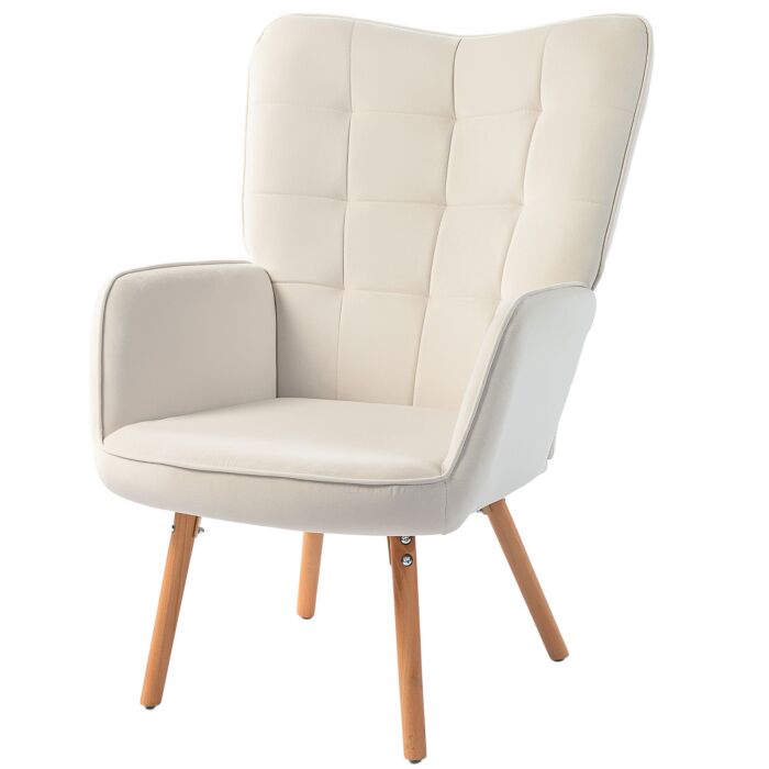 Homcom Modern Accent Chair Velvet-touch Tufted Wingback Armchair Upholstered Leisure Lounge Sofa Club Chair With Wood Legs, Cream White