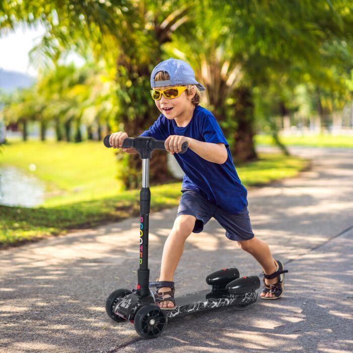 Homcom Kids 3 Wheel Scooter Adjustable Height W/ Flashing Wheels Music Water Spray Foldable Design Cool On Off Road Vehicle Black
