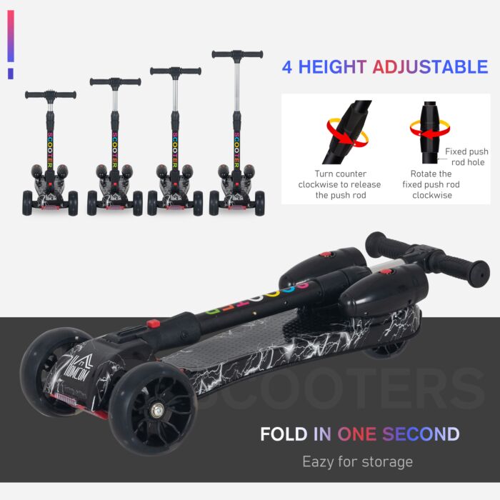 Homcom Kids 3 Wheel Scooter Adjustable Height W/ Flashing Wheels Music Water Spray Foldable Design Cool On Off Road Vehicle Black