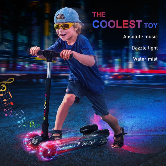 Homcom Kids 3 Wheel Scooter Adjustable Height W/ Flashing Wheels Music Water Spray Foldable Design Cool On Off Road Vehicle Black