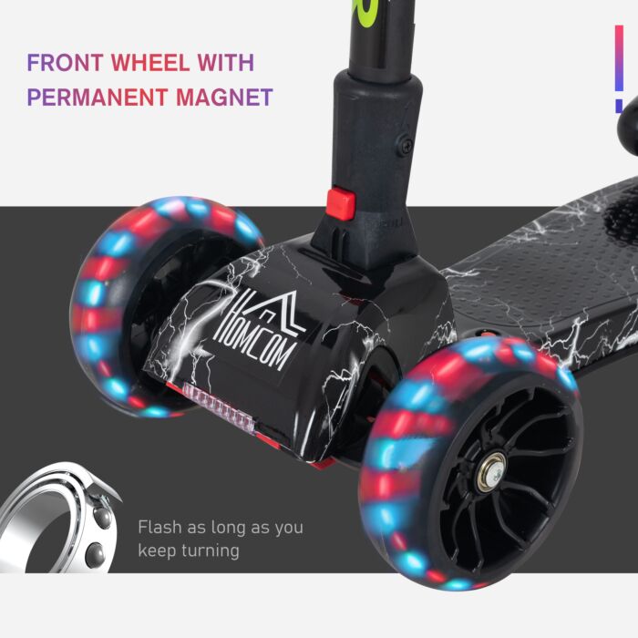 Homcom Kids 3 Wheel Scooter Adjustable Height W/ Flashing Wheels Music Water Spray Foldable Design Cool On Off Road Vehicle Black