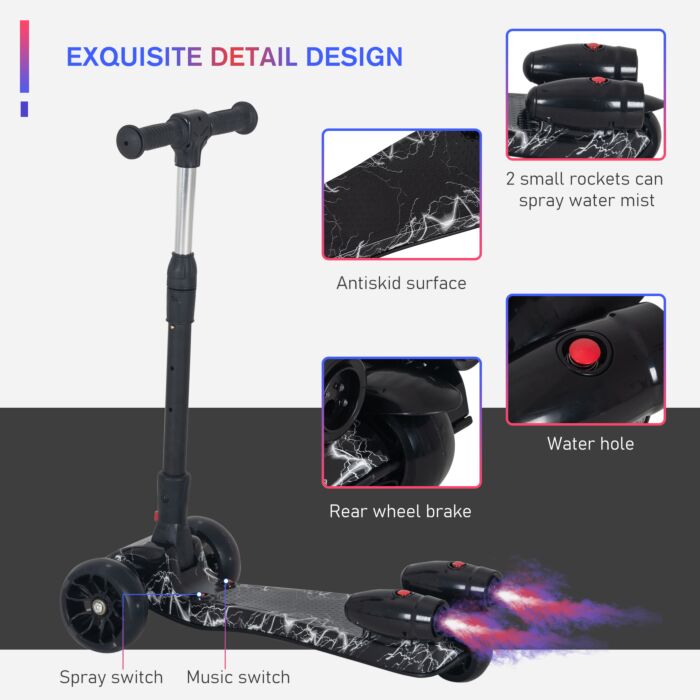 Homcom Kids 3 Wheel Scooter Adjustable Height W/ Flashing Wheels Music Water Spray Foldable Design Cool On Off Road Vehicle Black