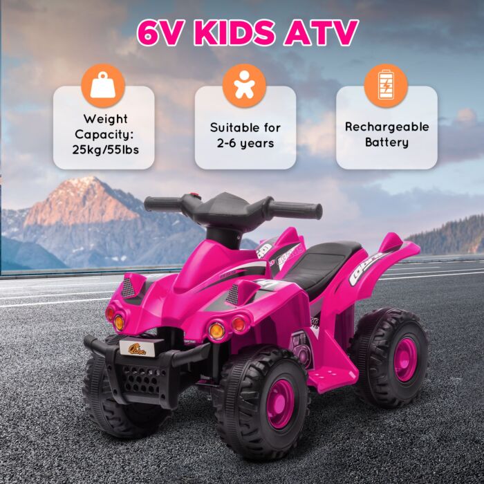 Aiyaplay 6v Kids Electric Quad Bike W/ Music, Forward Function, For 2-6 Years, Pink