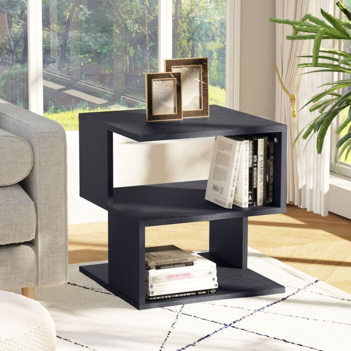 Homcom Modern Square 2 Tier Wood Coffee Side Table Storage Shelf Rack Living Room Black