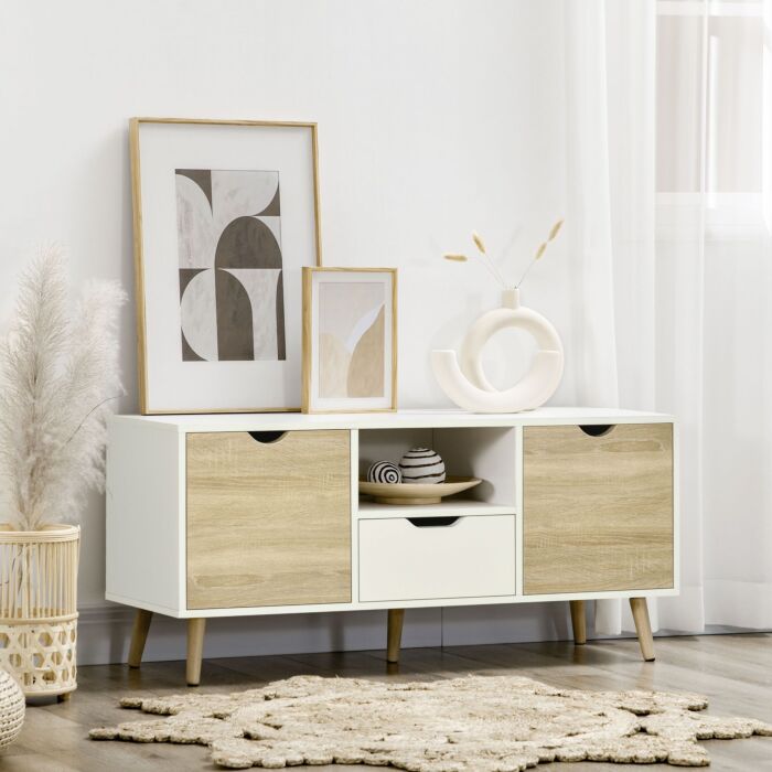 Homcom Tv Stand Cabinet For Tvs Up To 50 Inch, Entertainment Center With Storage Drawer For Living Room And Bedroom, Natural