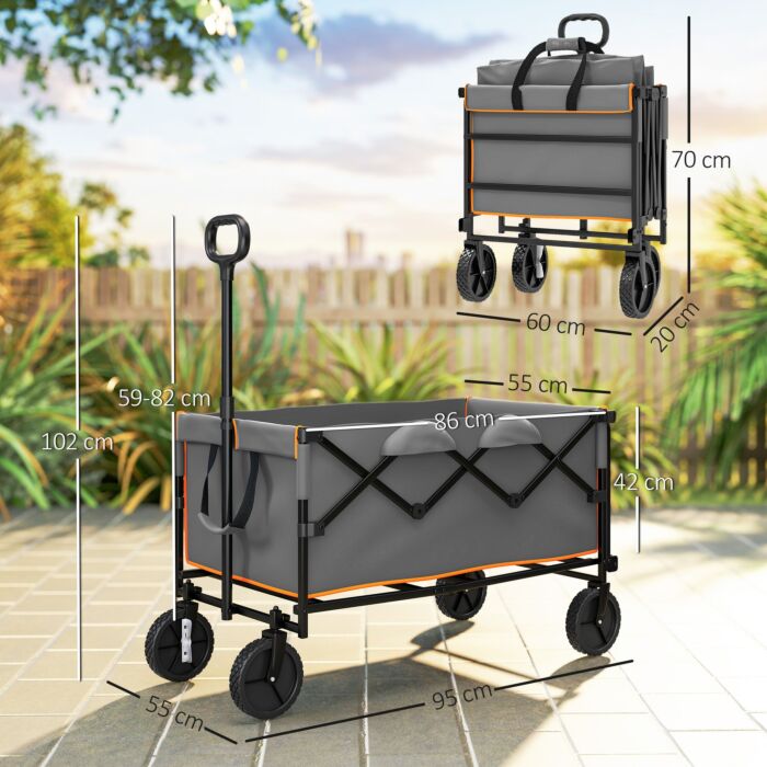 Outsunny 160l Festival Trolley On Wheels, Folding Camping Trolley Cart W/ Tailgate, 100kg Heavy Duty Garden Collapsible Folding Wagon W/adjustable Handle, Carry Bag For Beach Picnic, Grey And Orange