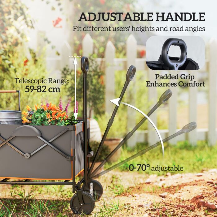 Outsunny 160l Festival Trolley On Wheels, Folding Camping Trolley Cart W/ Tailgate, 100kg Heavy Duty Garden Collapsible Folding Wagon W/adjustable Handle, Carry Bag For Beach Picnic, Grey And Orange