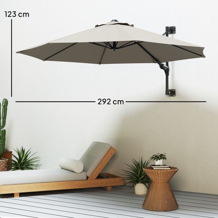 Outsunny 3(m) Wall-mounted Parasol Shade, With Handle - Light Grey