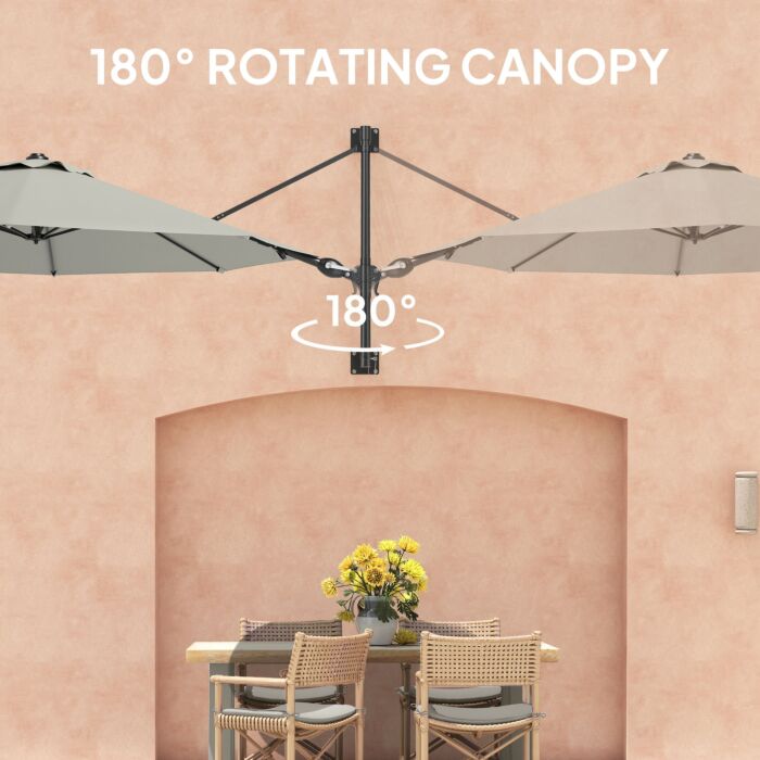 Outsunny 3(m) Wall-mounted Parasol Shade, With Handle - Light Grey