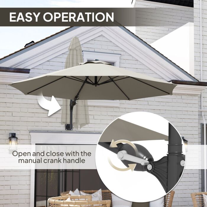 Outsunny 3(m) Wall-mounted Parasol Shade, With Handle - Light Grey
