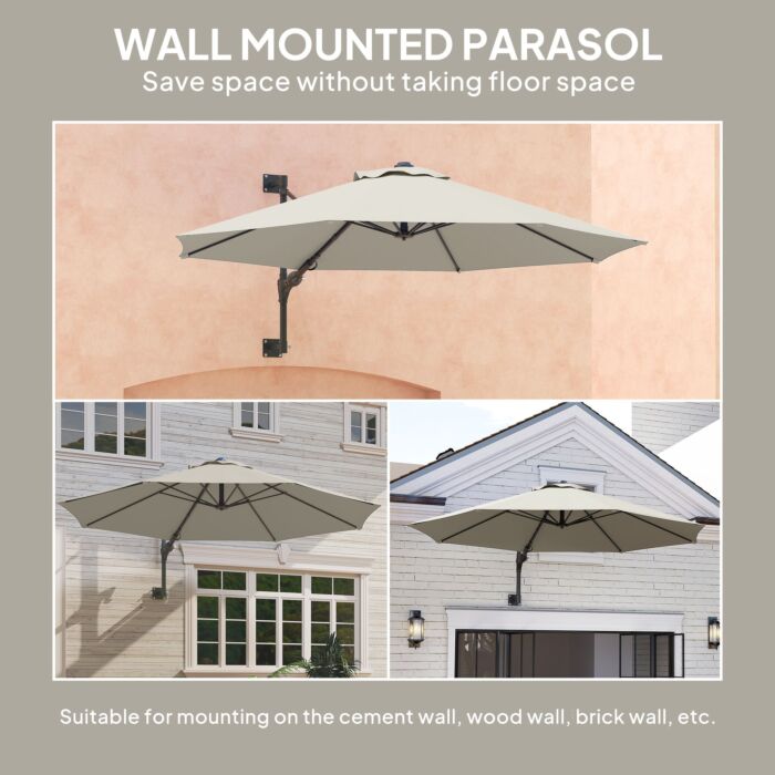 Outsunny 3(m) Wall-mounted Parasol Shade, With Handle - Light Grey