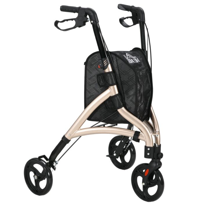 Homcom 3 Wheel Rollator, Lightweight Aluminium Tri Walker With Adjustable Handle, Storage Bag And Dual Brakes, Folding Mobility Walking Aid