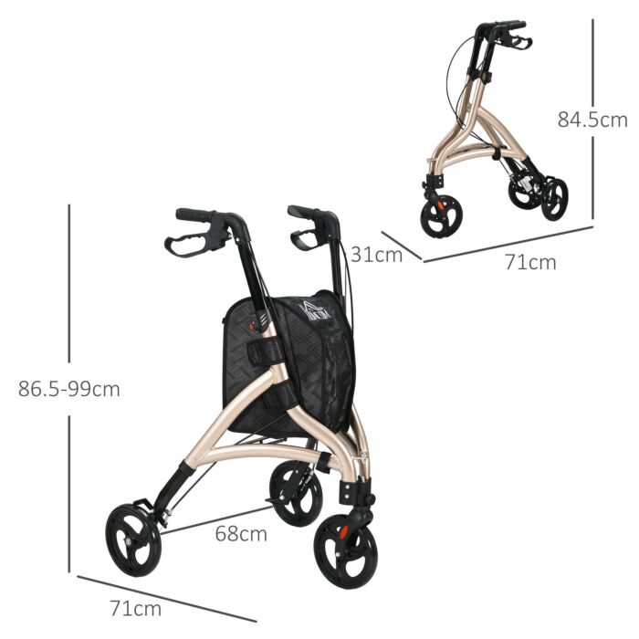 Homcom 3 Wheel Rollator, Lightweight Aluminium Tri Walker With Adjustable Handle, Storage Bag And Dual Brakes, Folding Mobility Walking Aid