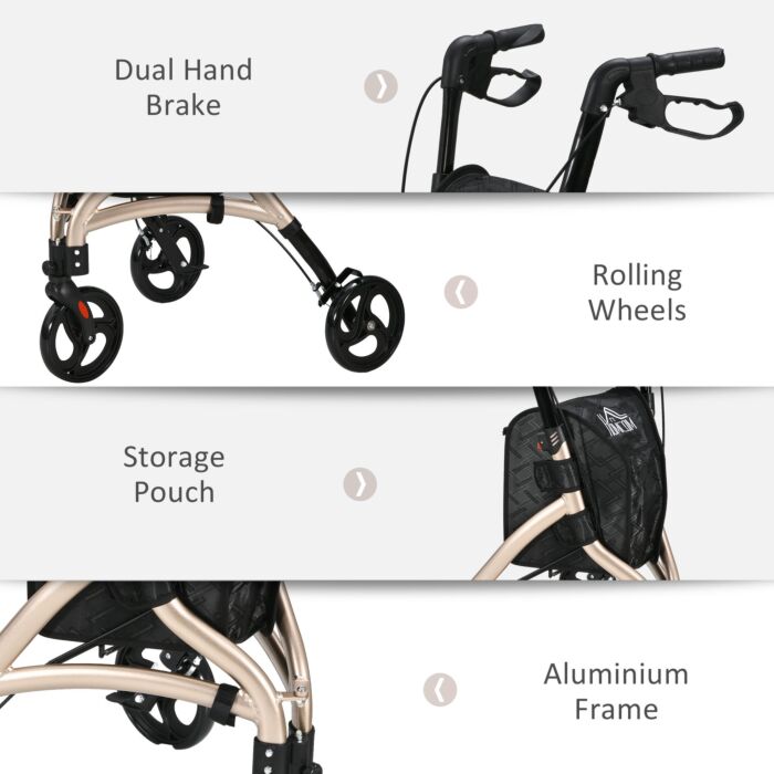 Homcom 3 Wheel Rollator, Lightweight Aluminium Tri Walker With Adjustable Handle, Storage Bag And Dual Brakes, Folding Mobility Walking Aid