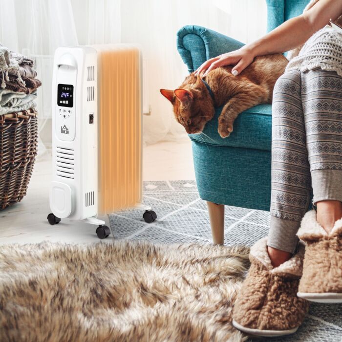 Homcom 1630w Digital Oil Filled Radiator, 7 Fin, Portable Electric Heater With Led Display, 3 Heat Settings, Safety Cut-off And Remote Control, White
