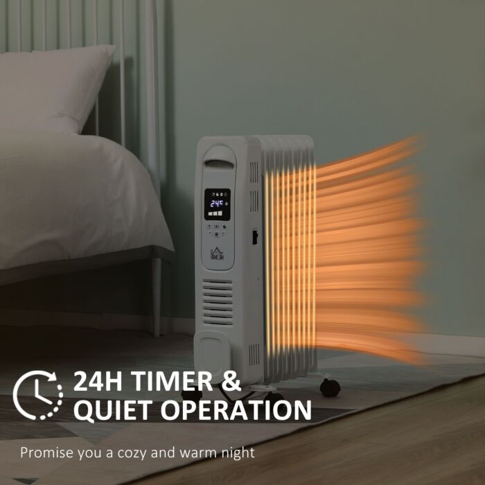 Homcom 1630w Digital Oil Filled Radiator, 7 Fin, Portable Electric Heater With Led Display, 3 Heat Settings, Safety Cut-off And Remote Control, White