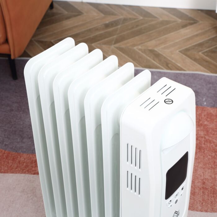 Homcom 1630w Digital Oil Filled Radiator, 7 Fin, Portable Electric Heater With Led Display, 3 Heat Settings, Safety Cut-off And Remote Control, White