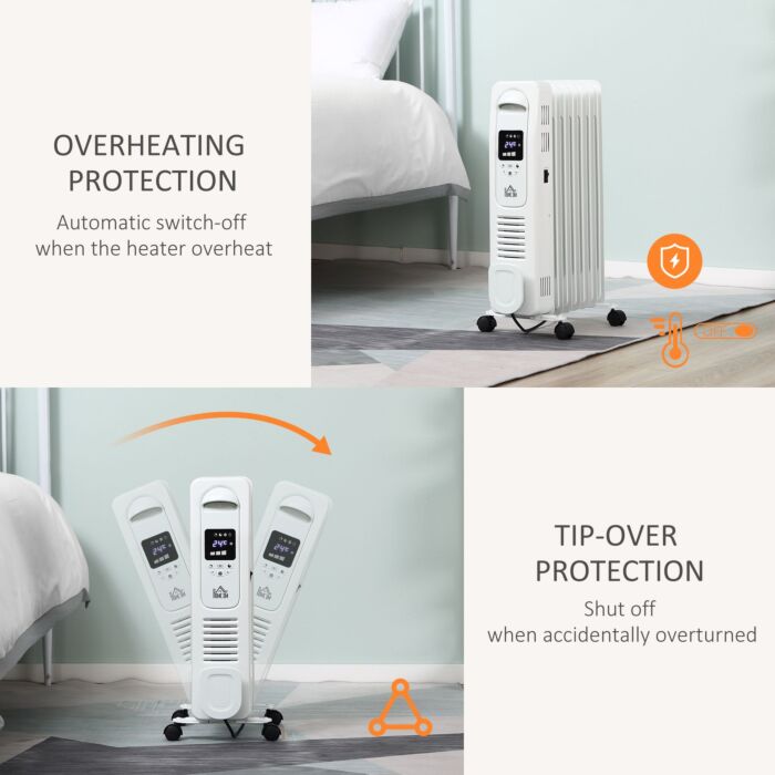 Homcom 1630w Digital Oil Filled Radiator, 7 Fin, Portable Electric Heater With Led Display, 3 Heat Settings, Safety Cut-off And Remote Control, White