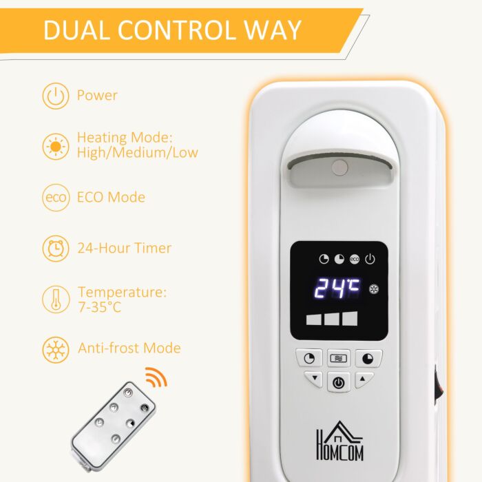 Homcom 1630w Digital Oil Filled Radiator, 7 Fin, Portable Electric Heater With Led Display, 3 Heat Settings, Safety Cut-off And Remote Control, White