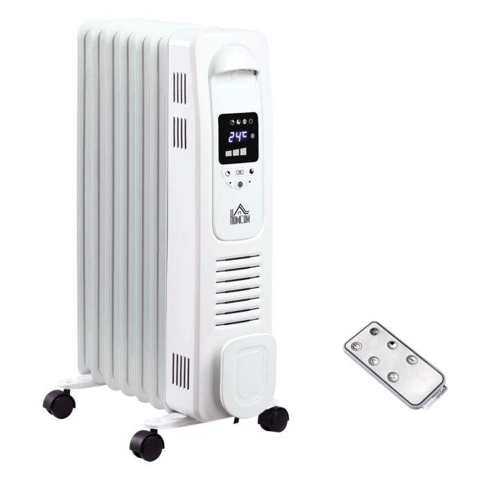Homcom 1630w Digital Oil Filled Radiator, 7 Fin, Portable Electric Heater With Led Display, 3 Heat Settings, Safety Cut-off And Remote Control, White
