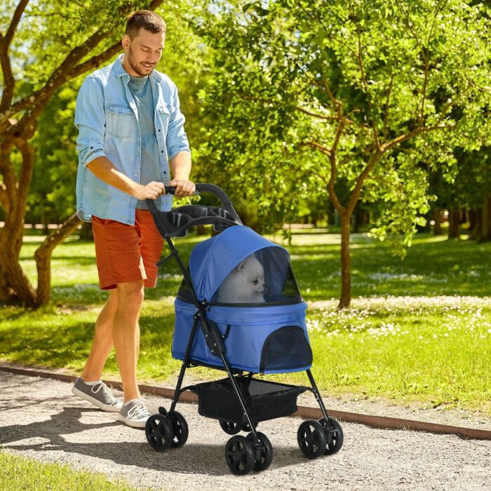Pawhut Pet Stroller Dog Cat Travel Pushchair One-click Fold Trolley Jogger With Eva Wheels Brake Basket Adjustable Canopy Safety Leash Blue