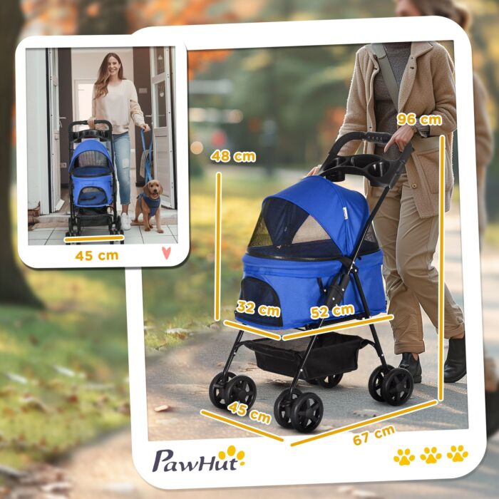 Pawhut Pet Stroller Dog Cat Travel Pushchair One-click Fold Trolley Jogger With Eva Wheels Brake Basket Adjustable Canopy Safety Leash Blue